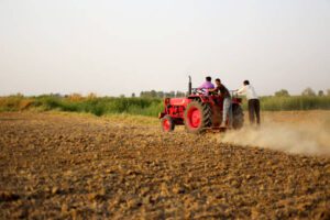 Farmer plowing field during summer season for next crop plantation.
